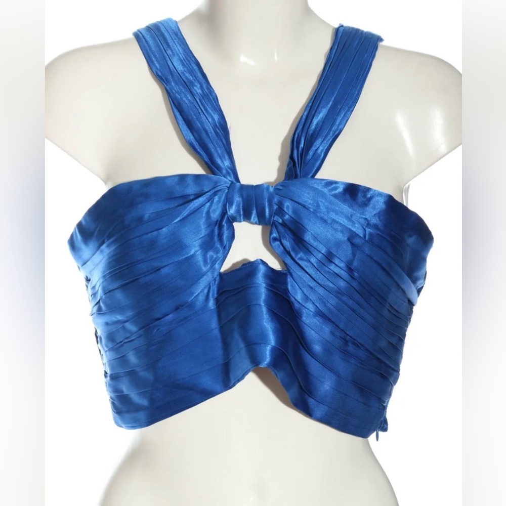 Blue Satin Zara Halter Crop Top w Ribbed Detailing